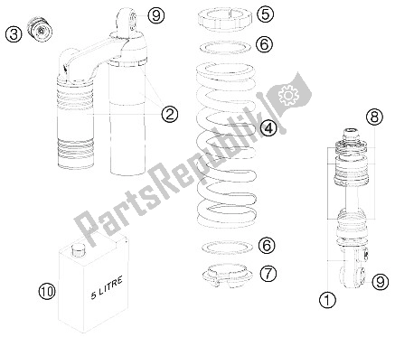 All parts for the Shock Absorber Disassembled of the KTM 990 Supermoto Orange Europe 2008