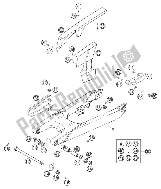 All parts for the Swing Arm 640 Lc4 2002 of the KTM 640 LC4 E S Moto Prestige Europe 2002