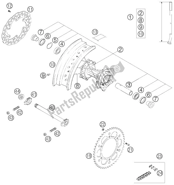 All parts for the Rear Wheel of the KTM 525 SX Supermoto USA 2005