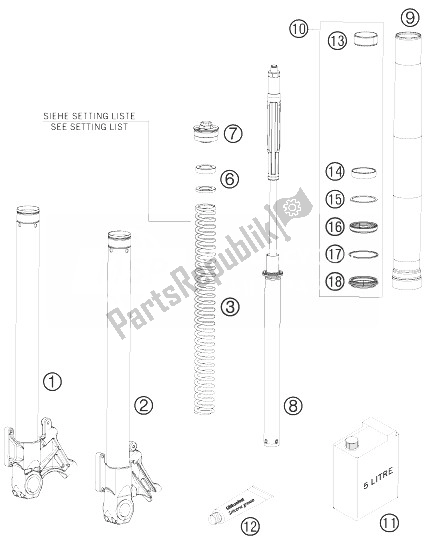 Alle onderdelen voor de Voorvork Gedemonteerd van de KTM 990 Supermoto T LIM Edit 10 Europe 2010