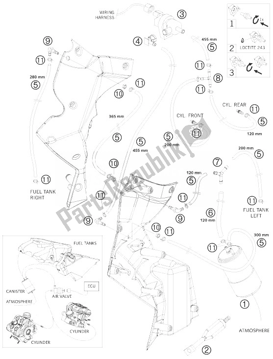 All parts for the Evaporative Canister of the KTM 990 Adventure Orange ABS 10 USA 2010