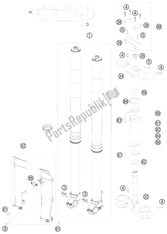 All parts for the Front Fork, Triple Clamp of the KTM 450 XCR W South Africa 2008