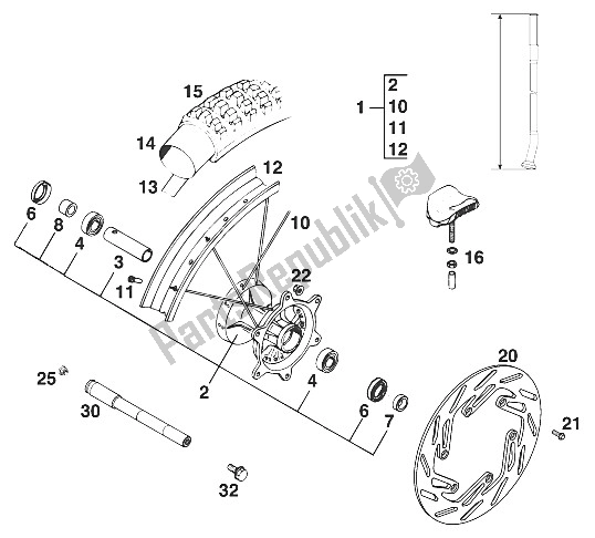 Tutte le parti per il Ruota Anteriore 125-550 Sx, Mxc '95 del KTM 125 SX Marz OHL USA 1995