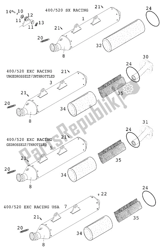 All parts for the Main Silencer 400/525 Racing of the KTM 520 EXC Racing Europe 2000