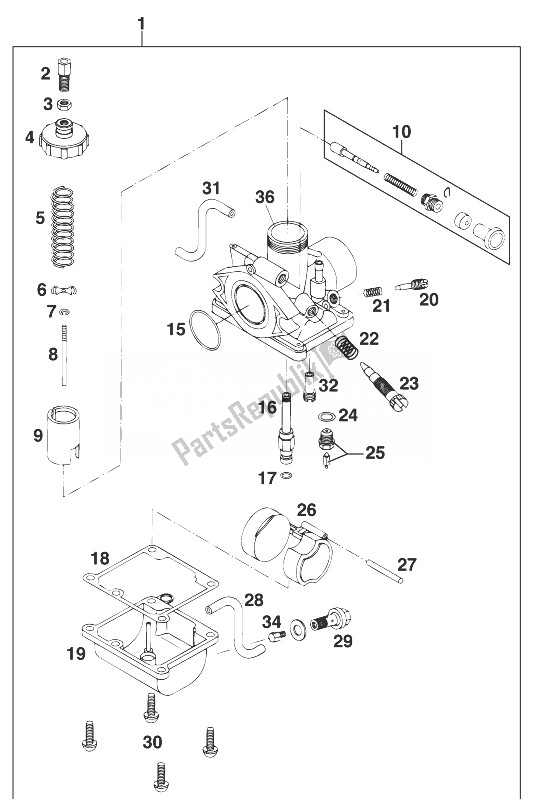 Todas as partes de Carburador Mikuni Vm20-352 '98 do KTM 50 SX PRO Senior Europe 1998