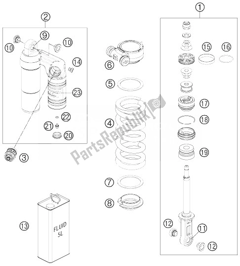 All parts for the Mono Shock Dissassembled of the KTM 990 Supermoto T Black ABS France 2013