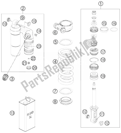All parts for the Mono Shock Dissassembled of the KTM 990 Supermoto T Black ABS USA 2013