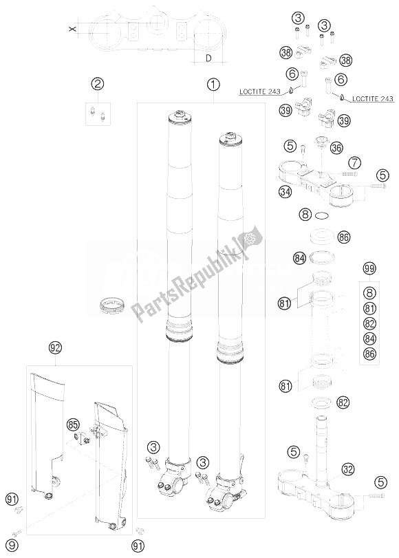 All parts for the Front Fork, Triple Clamp of the KTM 250 EXC SIX Days Europe 2010