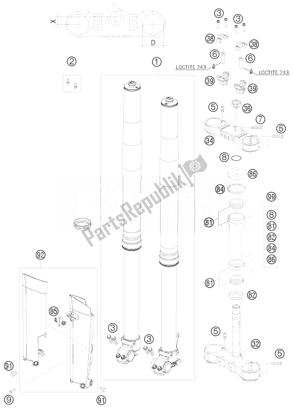 All parts for the Front Fork, Triple Clamp of the KTM 300 EXC E SIX Days Europe 2010