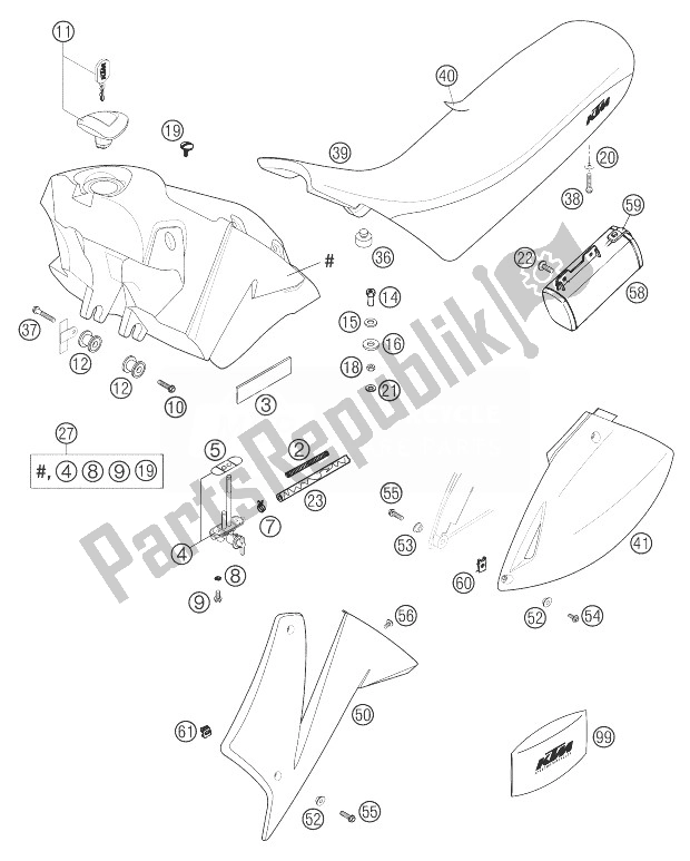 All parts for the Tank, Seat, Cover 640 Lc4 of the KTM 640 LC4 Supermoto Prestige 04 Australia United Kingdom 2004