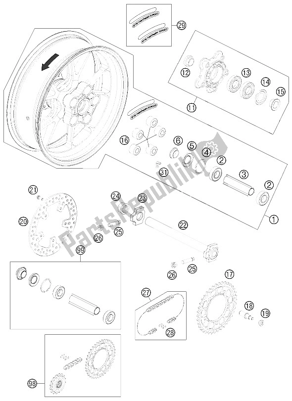All parts for the Rear Wheel of the KTM 990 Supermoto R Australia United Kingdom 2011