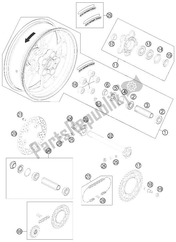 All parts for the Rear Wheel of the KTM 990 Supermoto R Australia United Kingdom 2011