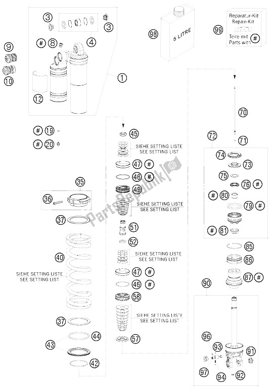 All parts for the Front Fork Disassembled of the KTM 250 SXS F Europe 2008