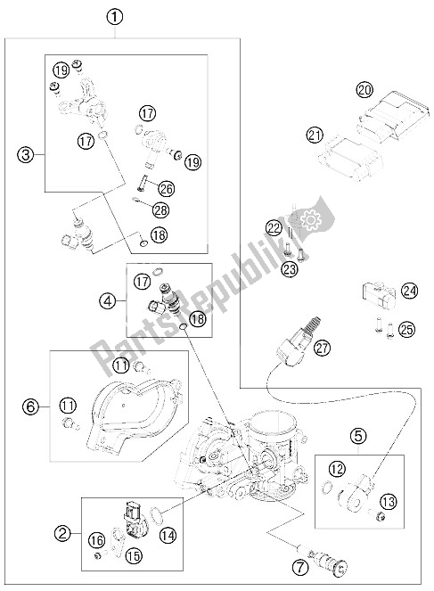 All parts for the Throttle Body of the KTM 500 EXC USA 2012