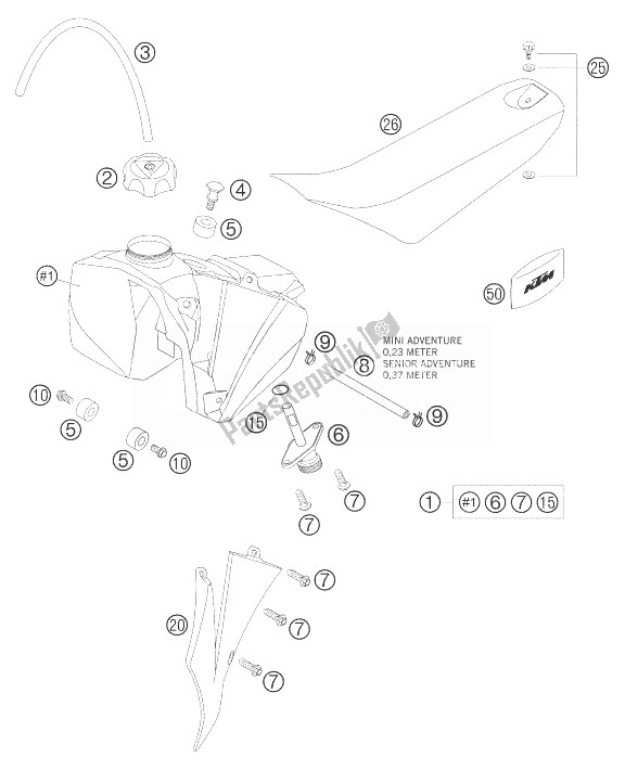 Tutte le parti per il Serbatoio, Sedile, Coperchio del KTM 50 Senior Adventure Europe 2007
