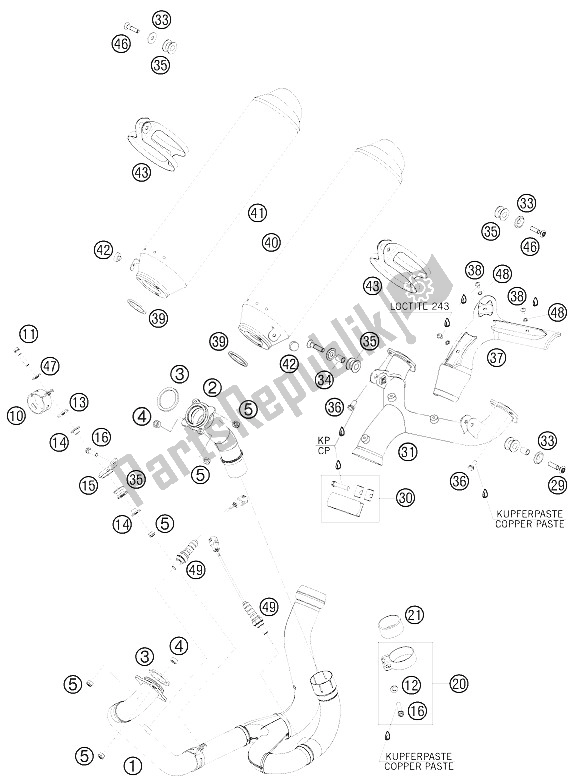 Todas as partes de Sistema De Exaustão do KTM 990 Supermoto T Orange 09 Europe 2009