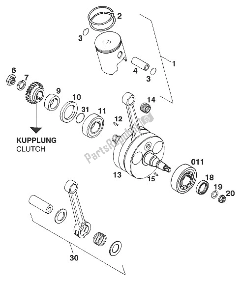 Toutes les pièces pour le Vilebrequin - Piston 250/300/360 du KTM 300 EGS M ö 12 KW Europe 740070 1997