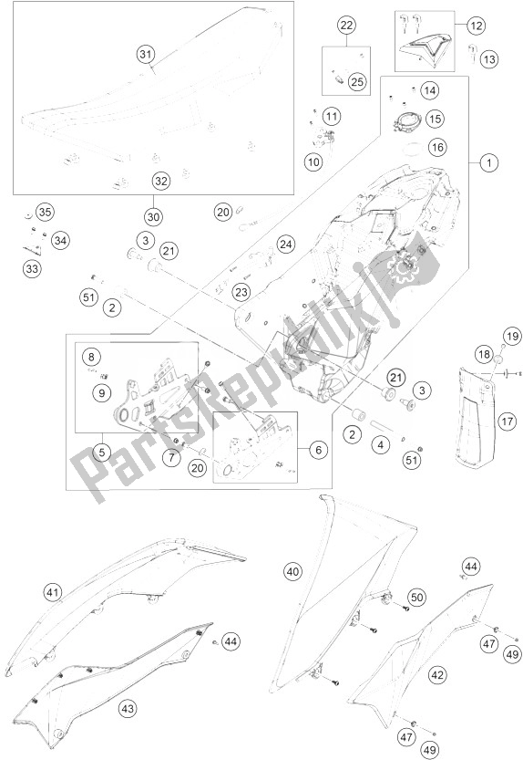 Tutte le parti per il Serbatoio, Sedile, Coperchio del KTM 690 SMC R Europe 2013