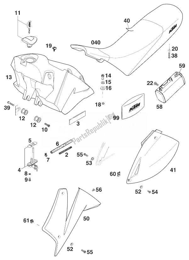 Tutte le parti per il Serbatoio - Sedile - Coperchio Lc4 '99 del KTM 400 LC 4 Europe 1999