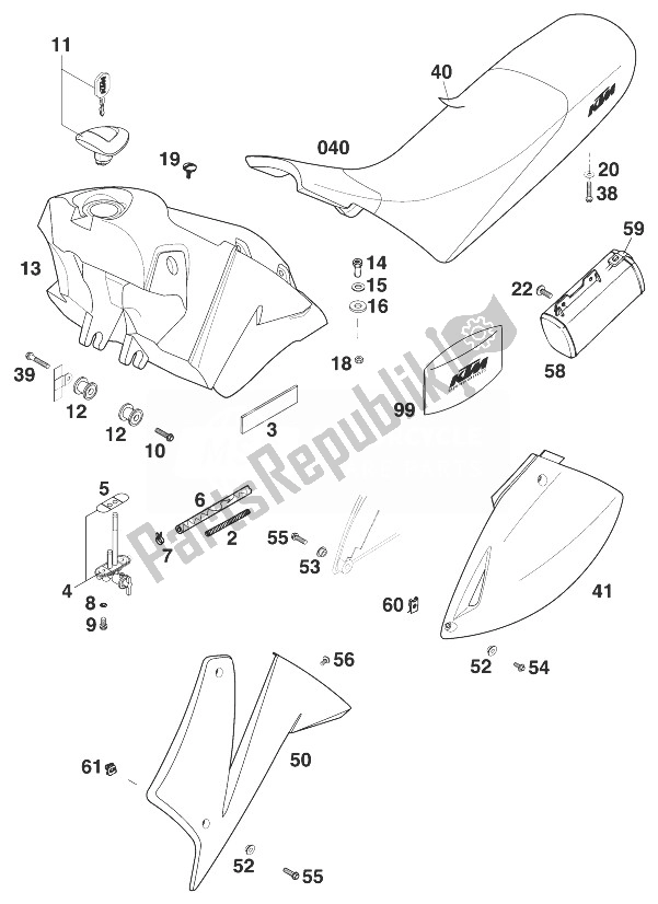 All parts for the Tank - Seat - Cover Lc4 '99 of the KTM 640 LC 4 Europe 1999