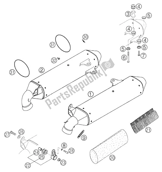 All parts for the Silencer 640 Duke 2002 of the KTM 640 Duke II Orange Australia 2002