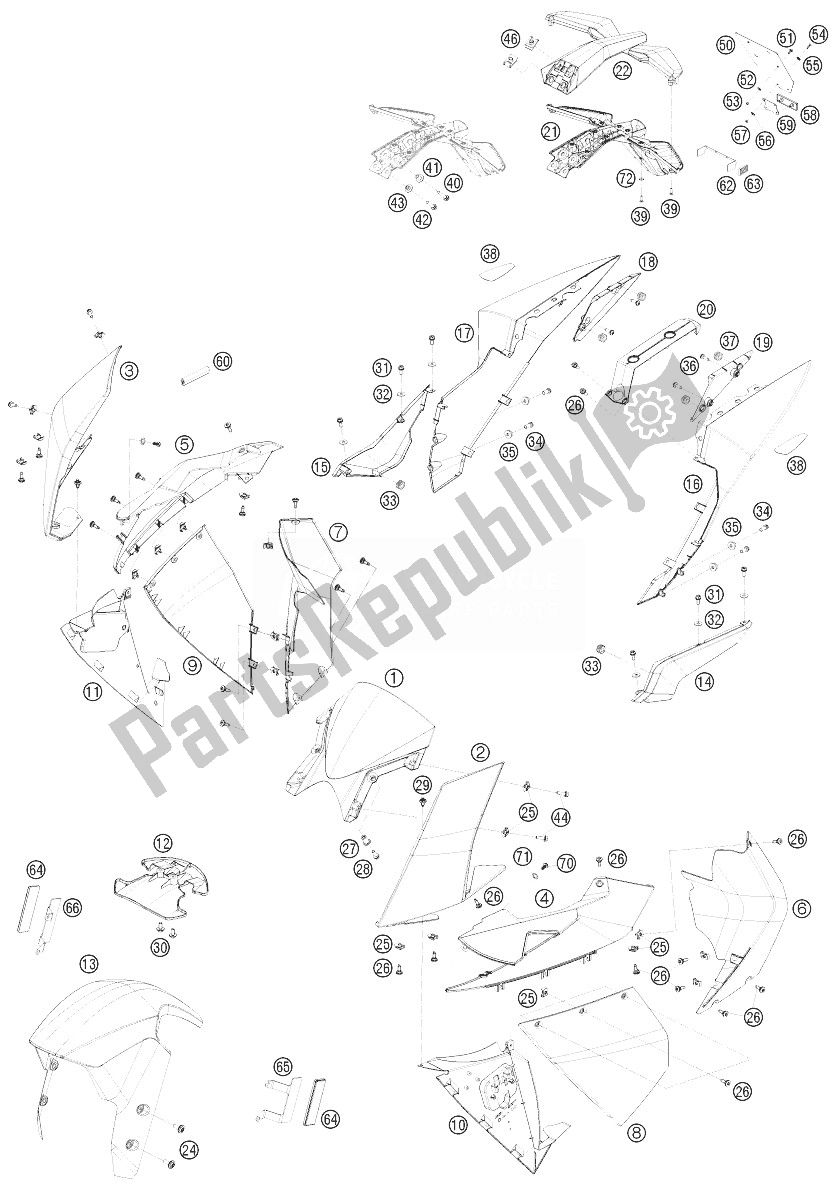 All parts for the Mask, Fenders of the KTM 1190 RC8 R LIM ED Akrapovic 10 USA 2010