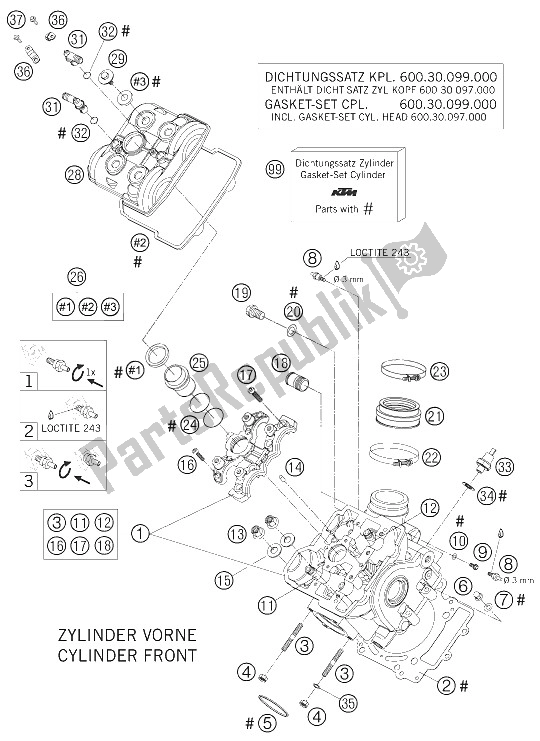 Todas as partes de Cabeça De Cilindro Dianteira 950 Adventu do KTM 950 Adventure S Europe 2005