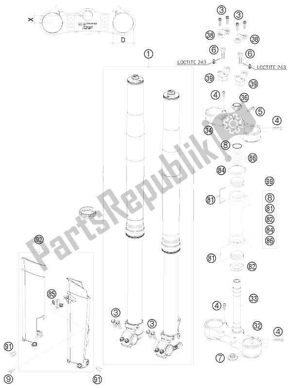 All parts for the Front Fork, Triple Clamp of the KTM 250 XC F USA 2009