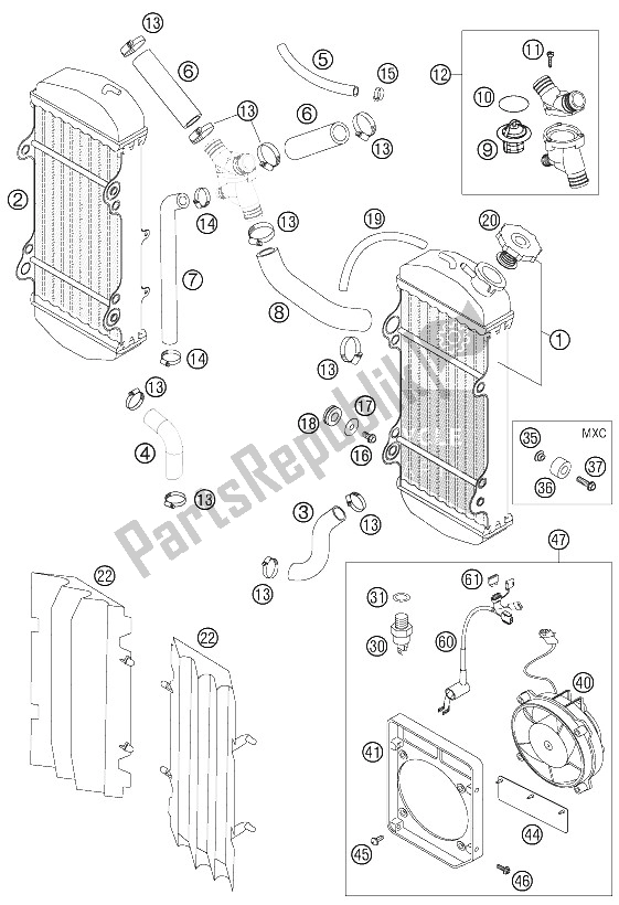 All parts for the Radiator - Radiator Hose 250-525 Exc+mxc of the KTM 250 EXC Factory Europe 2005