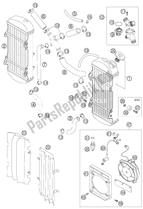 Alle onderdelen voor de Radiator - Radiatorslang 250-525 Exc + Mxc van de KTM 525 MXC Desert Racing Europe 2005