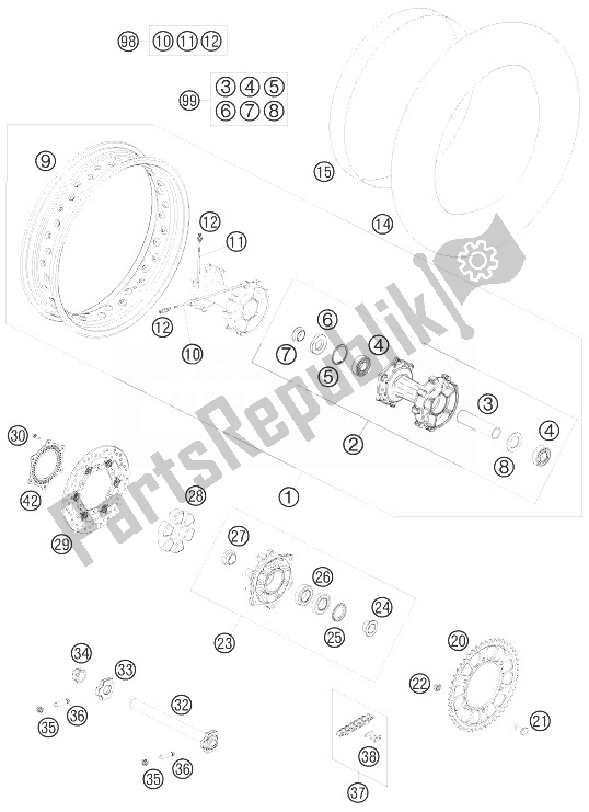 All parts for the Rear Wheel of the KTM 990 Adventure Orange ABS 10 Europe 2010