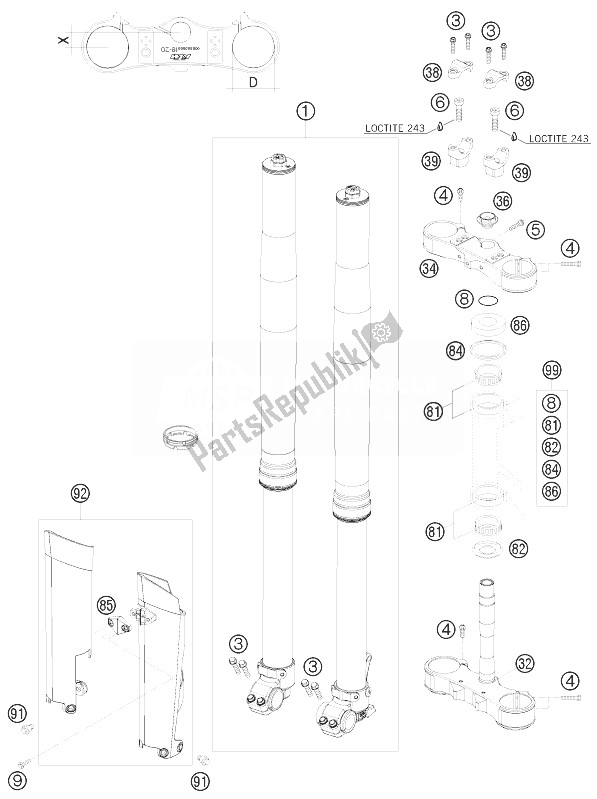 All parts for the Front Fork, Triple Clamp of the KTM 200 XC W USA 2010