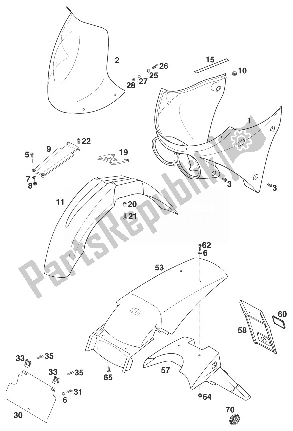 Alle onderdelen voor de Spatborden, Cover Koplamp Adventure '98 van de KTM 640 Adventure R D Europe 1998