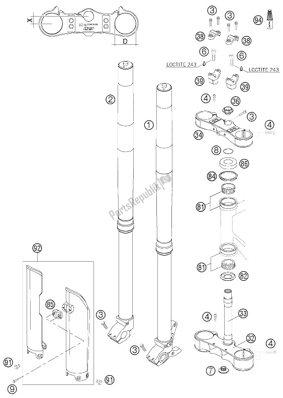 All parts for the Front Fork of the KTM 250 SXS Europe 2005