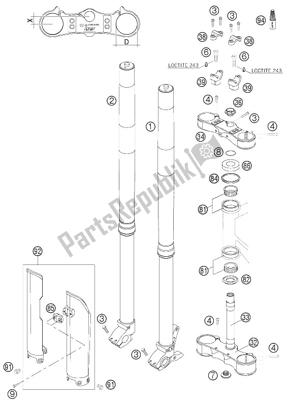 All parts for the Front Fork of the KTM 300 EXC SIX Days Europe 2005