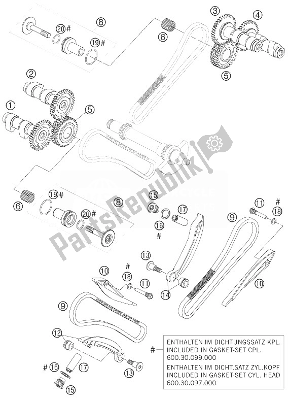 All parts for the Timing Drive of the KTM 990 Super Duke Orange USA 2007