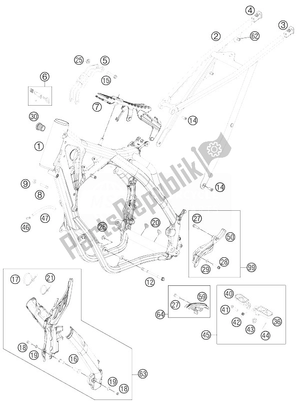 All parts for the Frame of the KTM 200 EXC Australia 2013