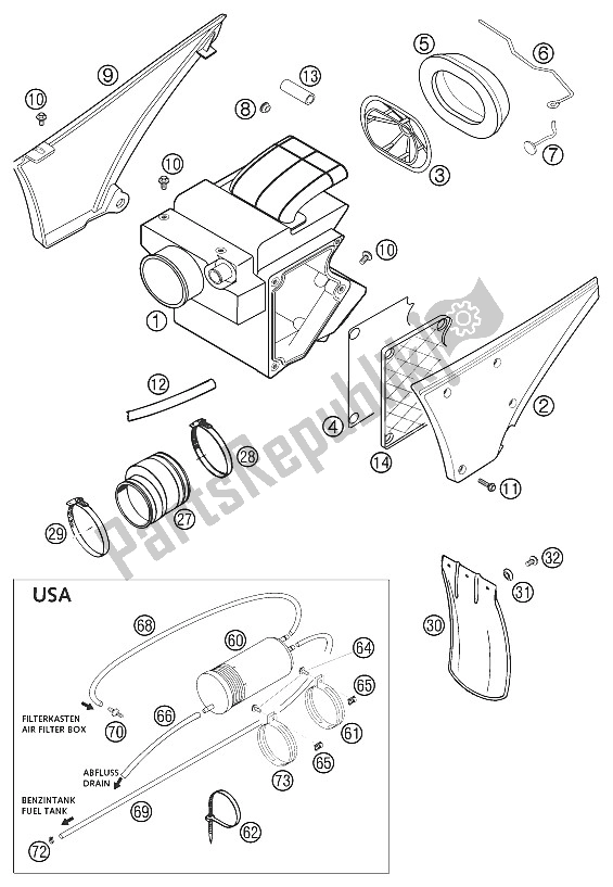 All parts for the Airfilter Box 640 Lc4 Adventur of the KTM 640 Adventure R USA 2002