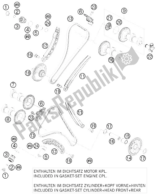 All parts for the Timing Drive of the KTM 1190 RC 8 Black USA 2009