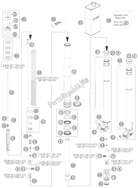 All parts for the Front Fork Disassembled of the KTM 450 XC W USA 2014