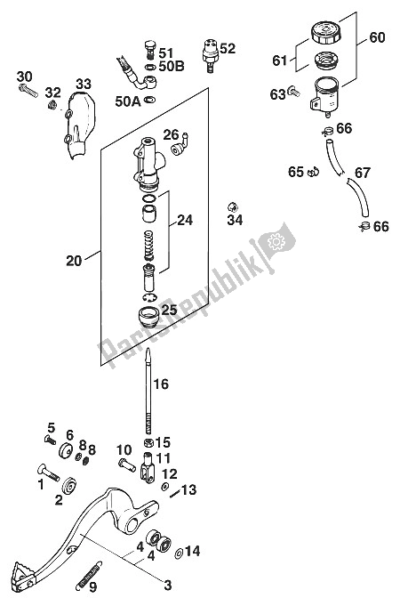 Tutte le parti per il Comando Freno Posteriore 125'93 del KTM 125 EXC M O Europe 1996