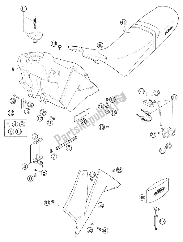 Todas las partes para Tanque, Asiento, Tapa de KTM 640 Duke II Limited ED Europe 2006