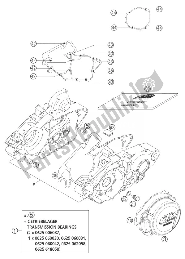 All parts for the Engine Case 125/200 of the KTM 125 EXC SIX Days Europe 2004