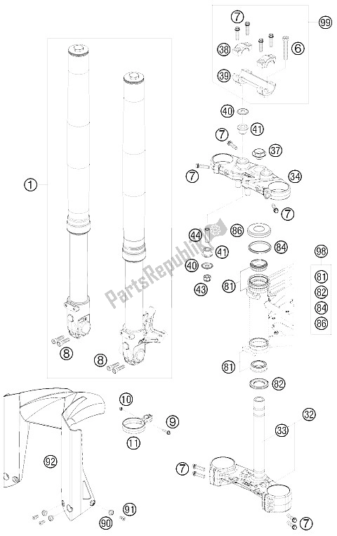 All parts for the Front Fork, Triple Clamp of the KTM 690 Supermoto Orange Australia United Kingdom 2008