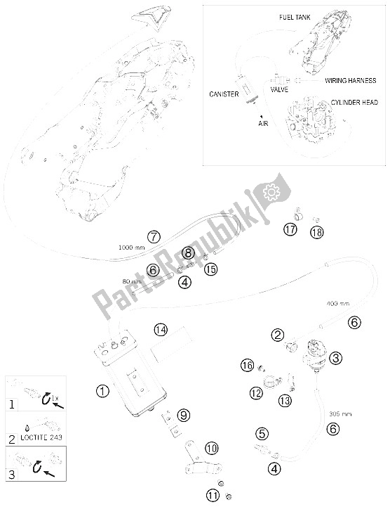 All parts for the Evaporative Canister of the KTM 690 Supermoto Orange Europe 2009