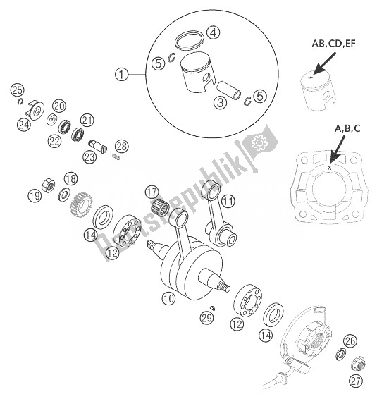 All parts for the Crankshaft, Piston 65 Sx of the KTM 65 SX Europe 2004