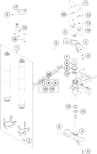 All parts for the Front Fork, Triple Clamp of the KTM 1190 Adventure ABS Grey Japan 2016