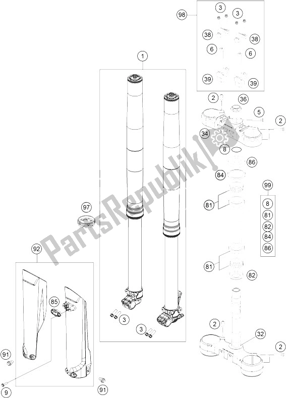 Tutte le parti per il Forcella Anteriore, Pinza Tripla del KTM 300 EXC CKD Brazil 2016