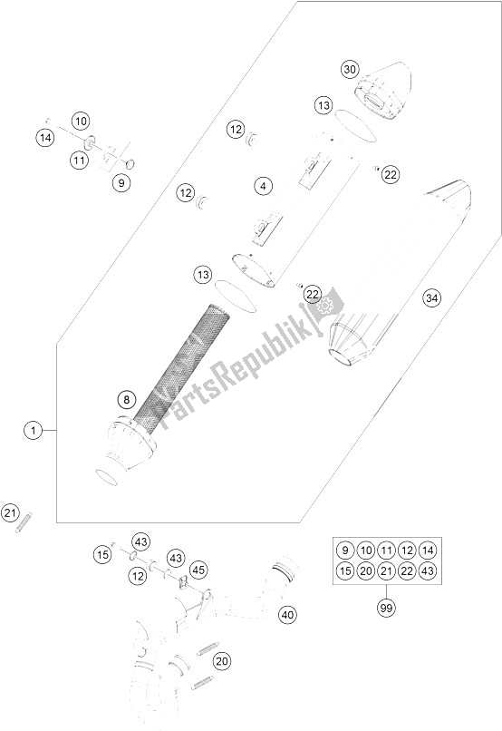 All parts for the Exhaust System of the KTM 250 SX F Factory Edition USA 2015