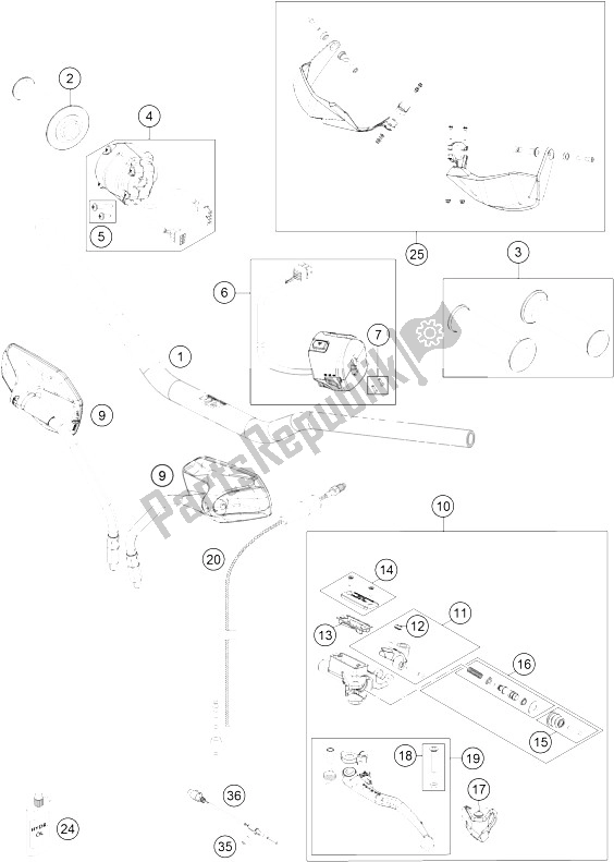 All parts for the Handlebar, Controls of the KTM 1190 ADV ABS Grey WES France 2015